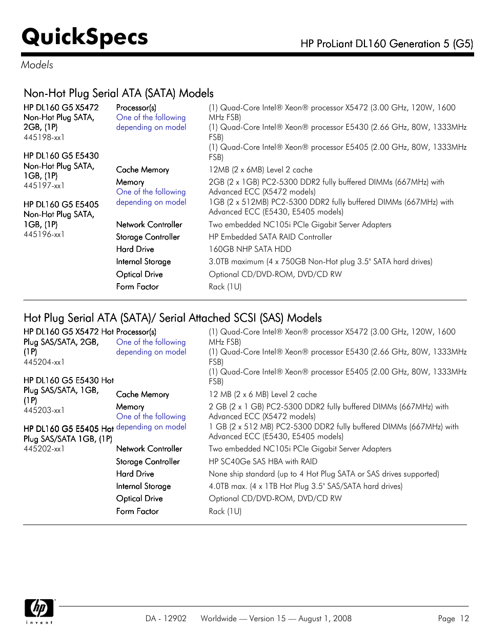 Models, Quickspecs, Non-hot plug serial ata (sata) models | HP ProLiant DL160 User Manual | Page 12 / 38