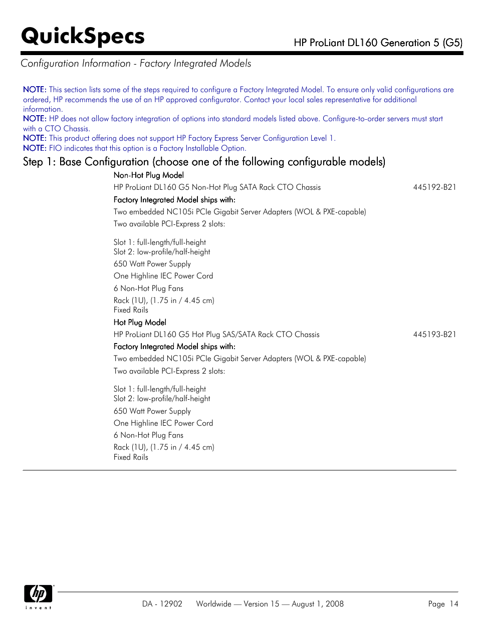 Quickspecs | HP ProLiant DL160 User Manual | Page 14 / 38