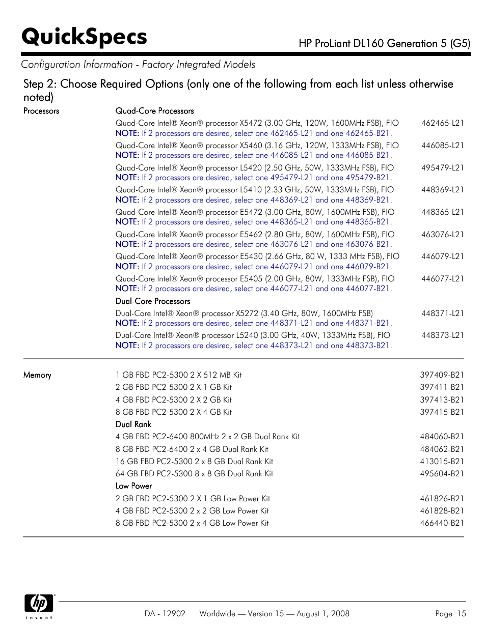 Quickspecs | HP ProLiant DL160 User Manual | Page 15 / 38