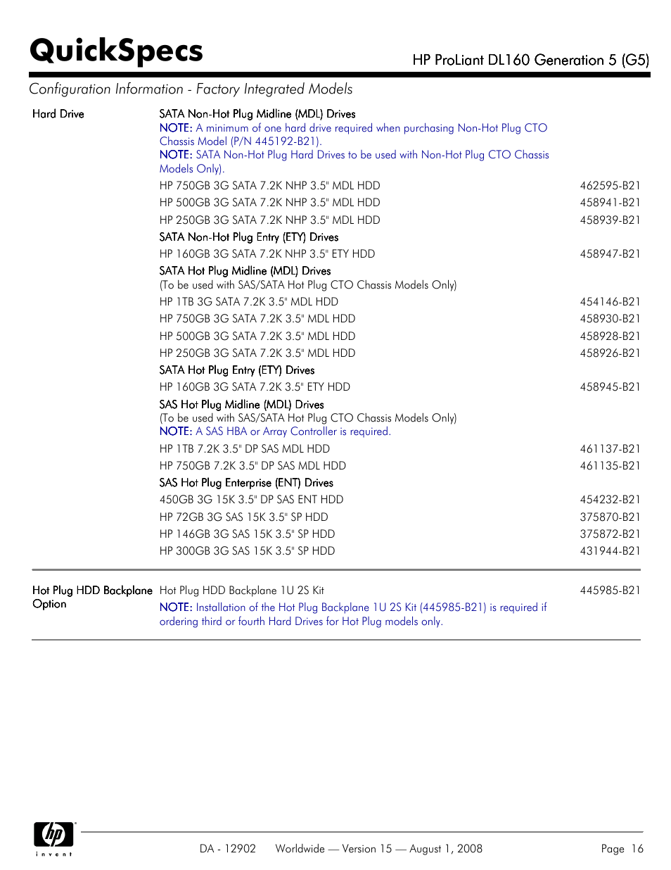 Quickspecs | HP ProLiant DL160 User Manual | Page 16 / 38