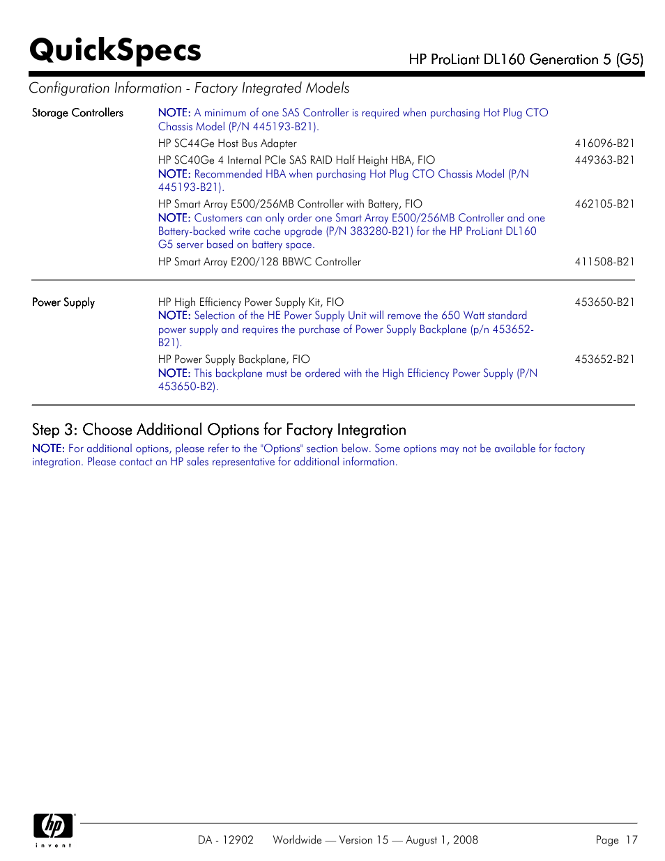 Quickspecs | HP ProLiant DL160 User Manual | Page 17 / 38