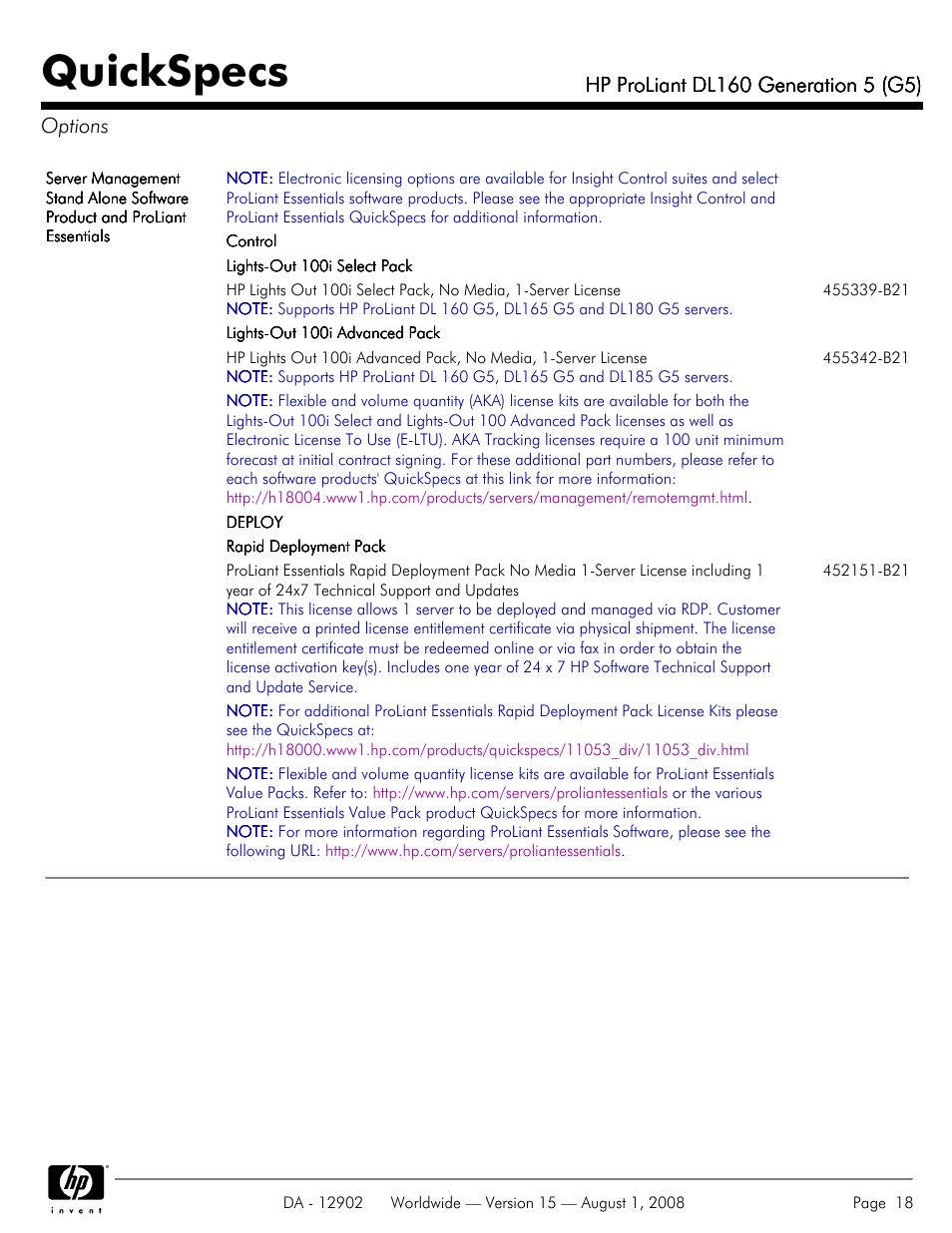 Options, Quickspecs | HP ProLiant DL160 User Manual | Page 18 / 38