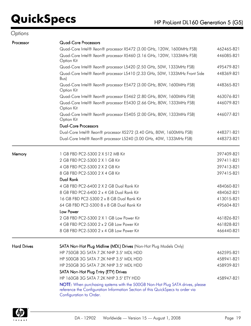 Quickspecs | HP ProLiant DL160 User Manual | Page 19 / 38