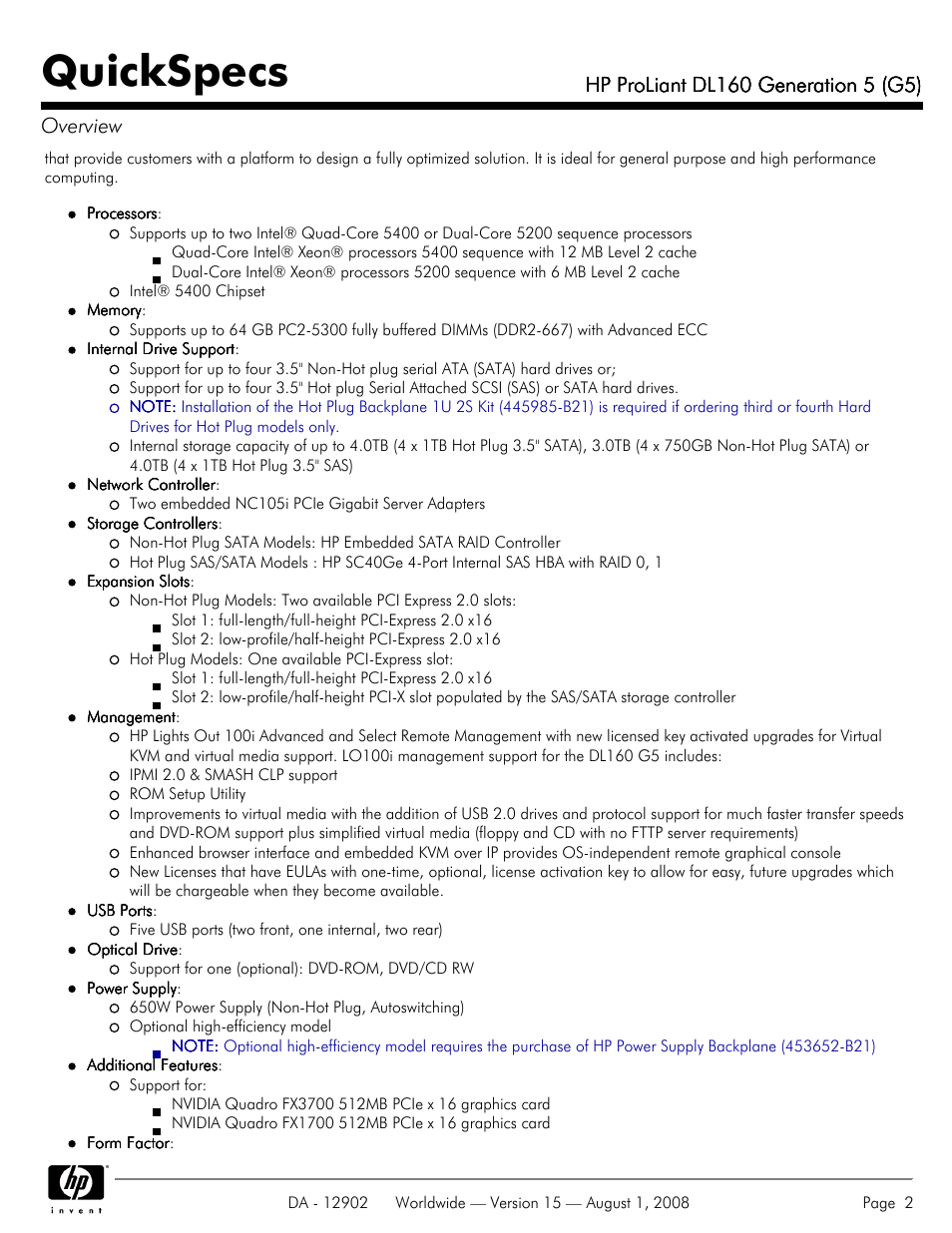 Quickspecs | HP ProLiant DL160 User Manual | Page 2 / 38