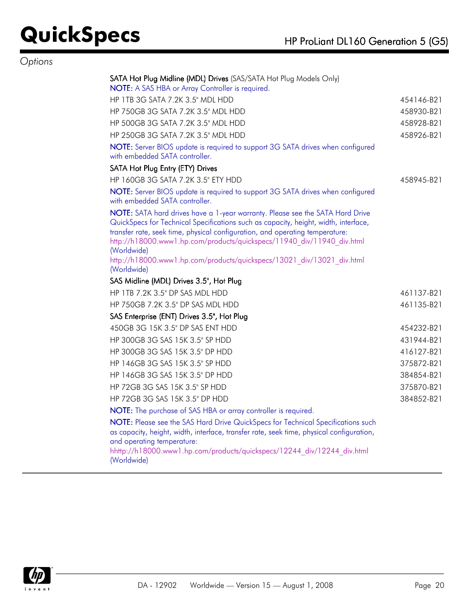 Quickspecs | HP ProLiant DL160 User Manual | Page 20 / 38