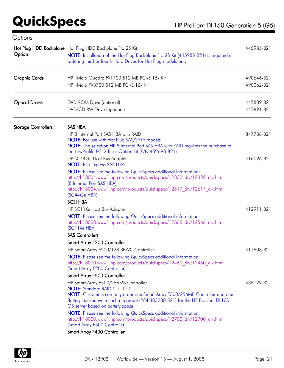 Quickspecs | HP ProLiant DL160 User Manual | Page 21 / 38