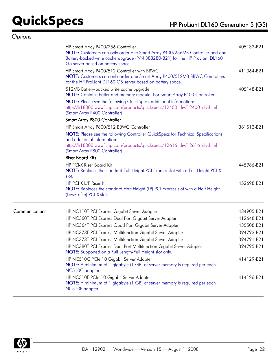 Quickspecs | HP ProLiant DL160 User Manual | Page 22 / 38