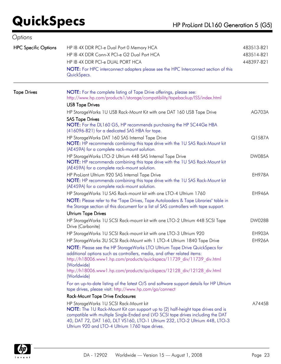 Quickspecs | HP ProLiant DL160 User Manual | Page 23 / 38