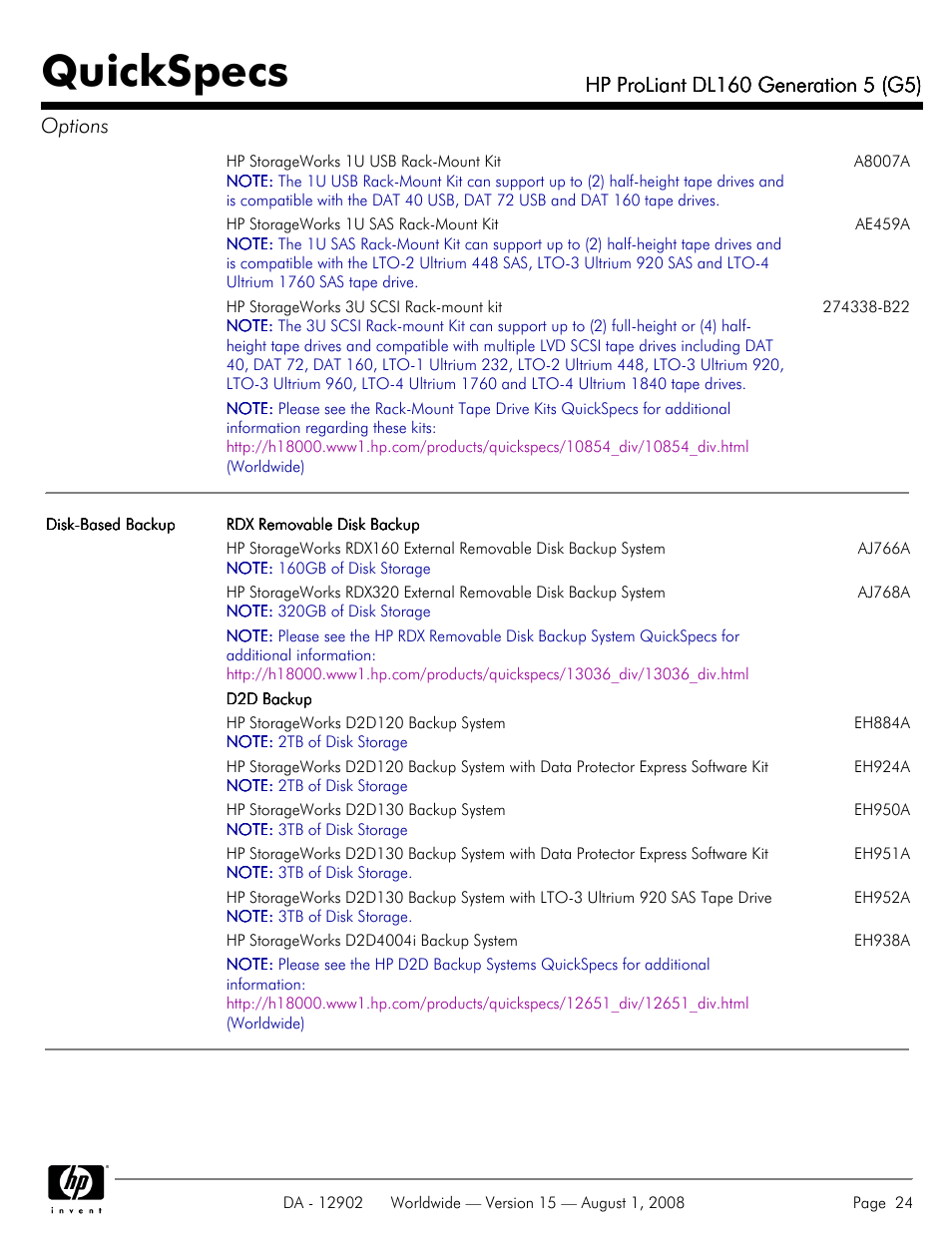 Quickspecs | HP ProLiant DL160 User Manual | Page 24 / 38