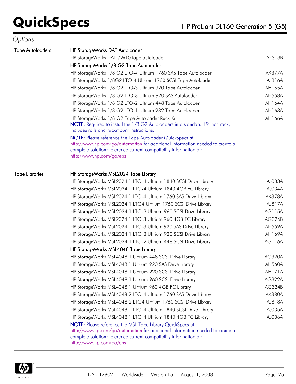 Quickspecs | HP ProLiant DL160 User Manual | Page 25 / 38