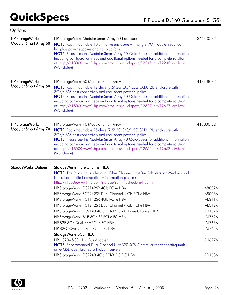 Quickspecs | HP ProLiant DL160 User Manual | Page 26 / 38