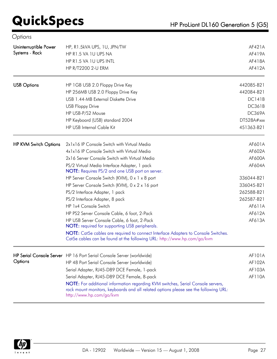 Quickspecs | HP ProLiant DL160 User Manual | Page 27 / 38