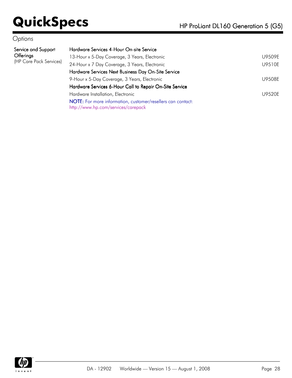 Quickspecs | HP ProLiant DL160 User Manual | Page 28 / 38