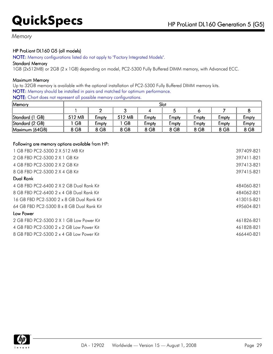 Memory, Quickspecs | HP ProLiant DL160 User Manual | Page 29 / 38