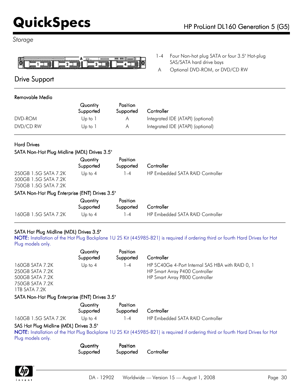 Storage, Quickspecs, Drive support | HP ProLiant DL160 User Manual | Page 30 / 38