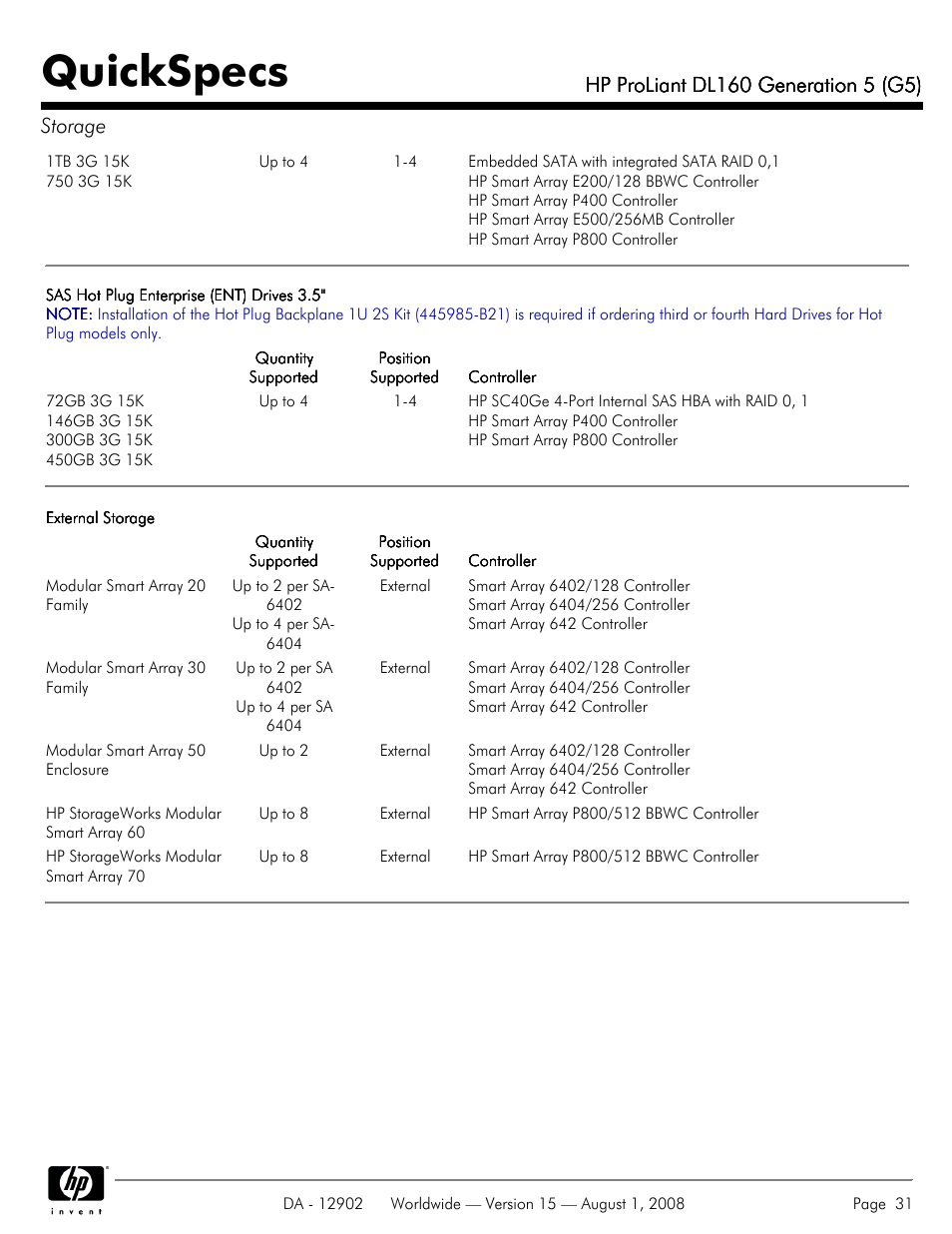 Quickspecs | HP ProLiant DL160 User Manual | Page 31 / 38