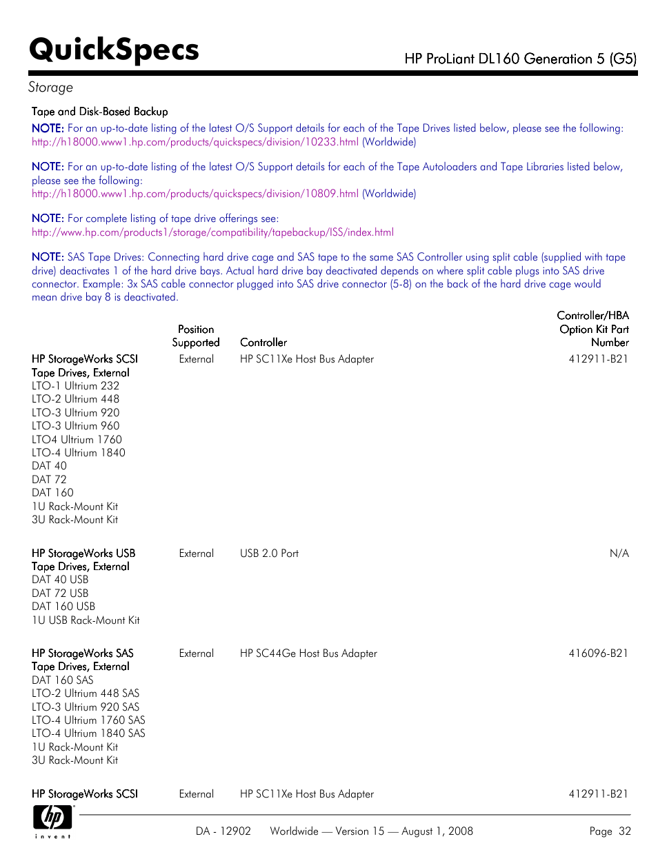 Quickspecs | HP ProLiant DL160 User Manual | Page 32 / 38
