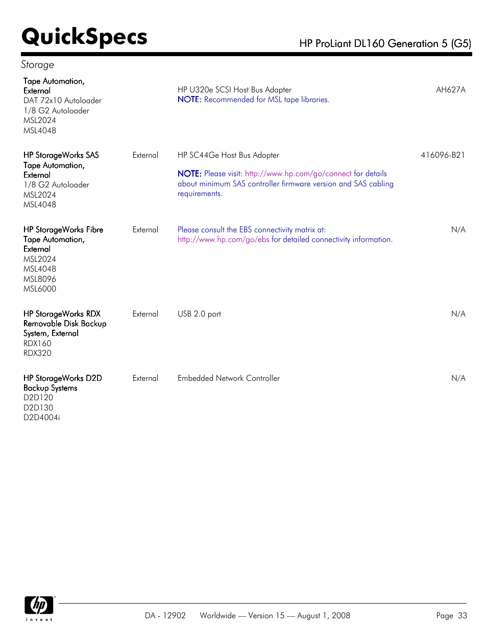 Quickspecs | HP ProLiant DL160 User Manual | Page 33 / 38