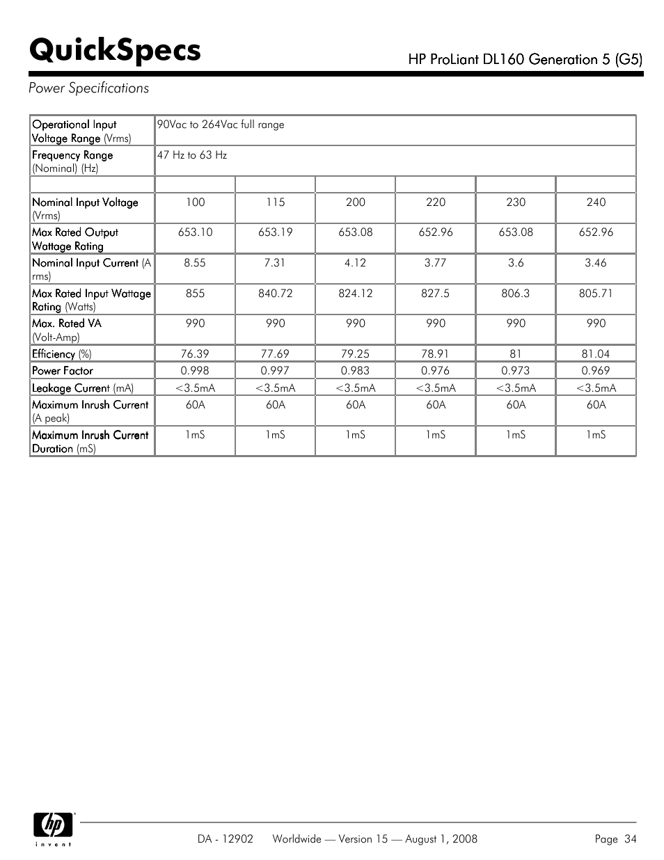 Power specifications, Quickspecs | HP ProLiant DL160 User Manual | Page 34 / 38