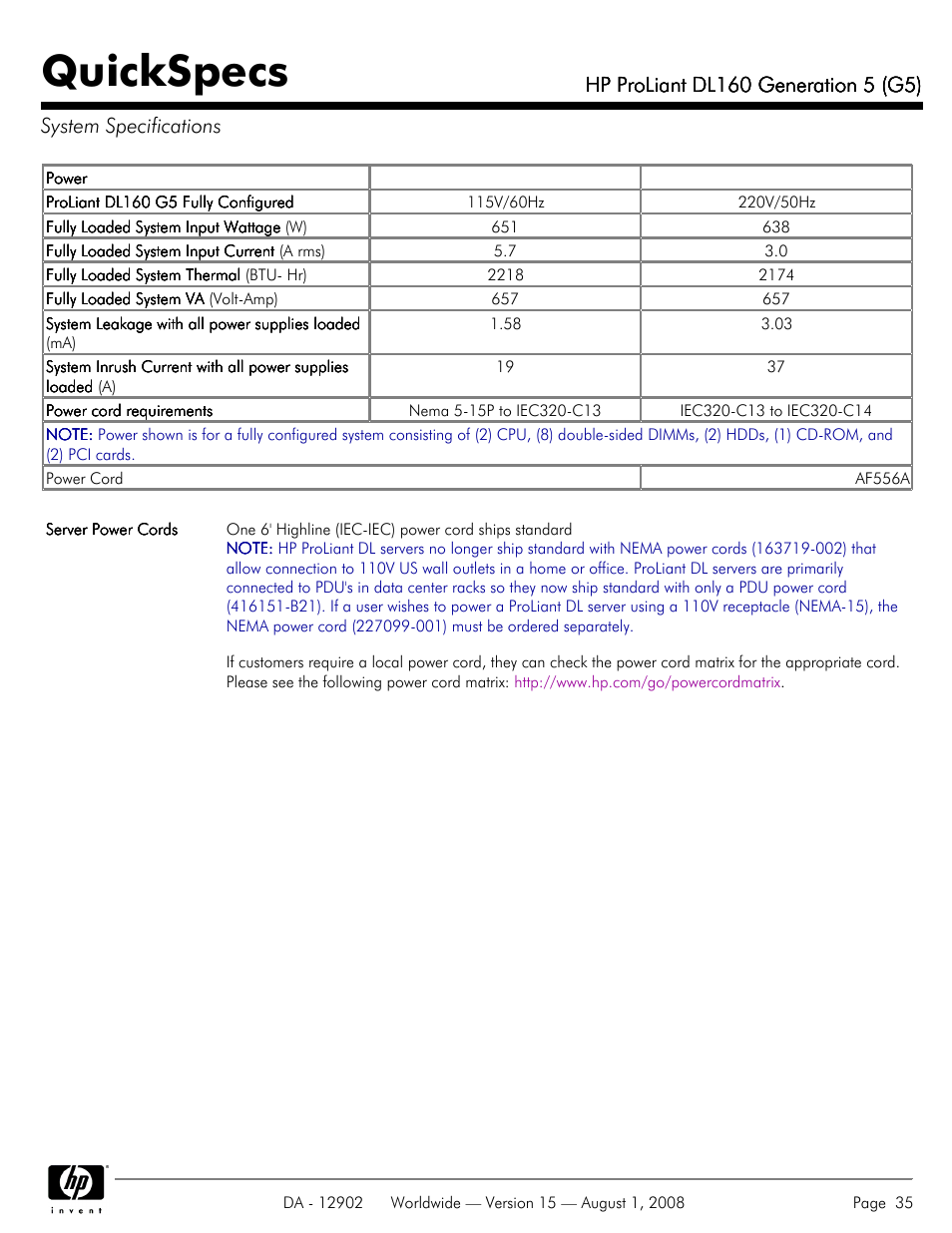 System specifications, Quickspecs | HP ProLiant DL160 User Manual | Page 35 / 38