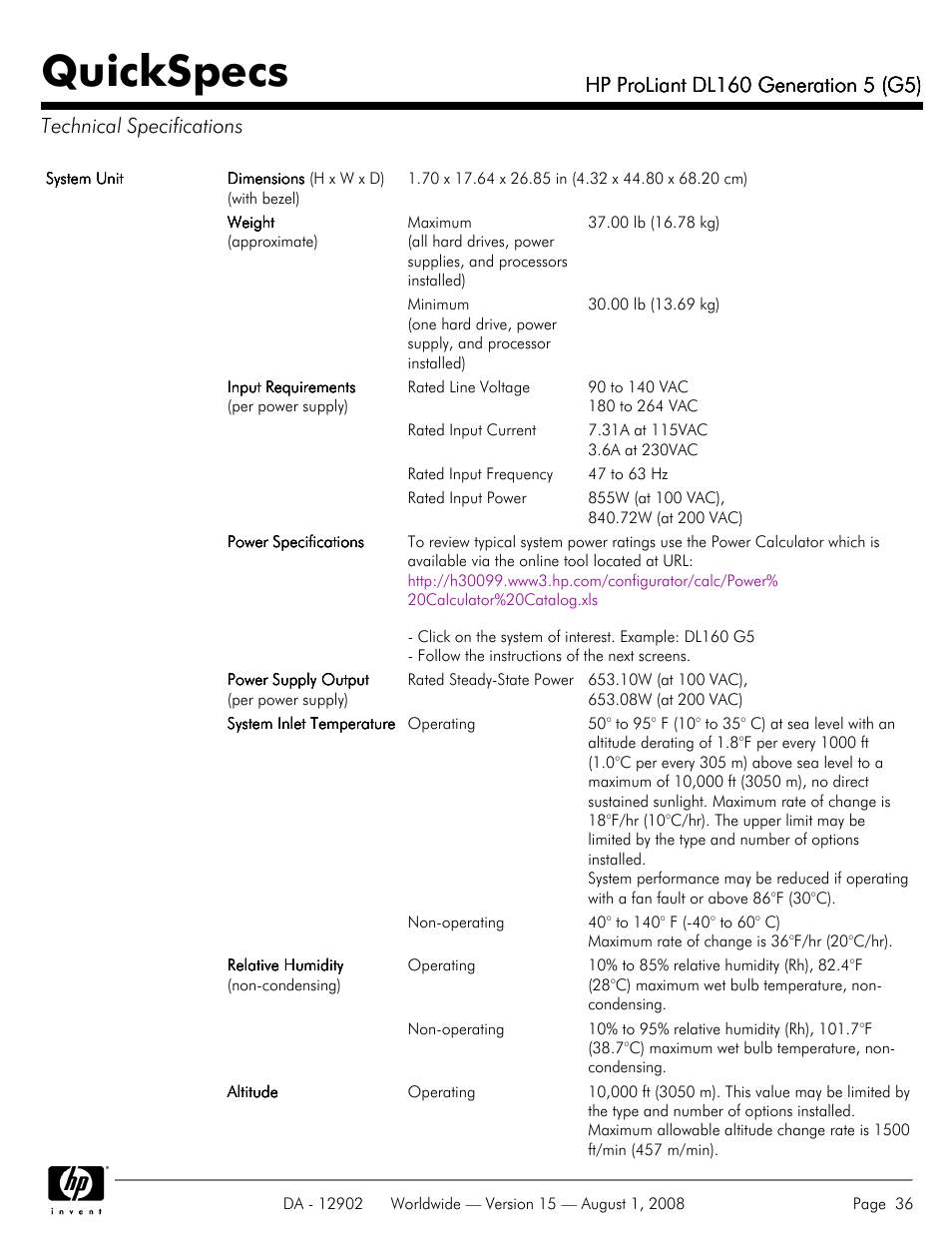 Technical specifications, Quickspecs | HP ProLiant DL160 User Manual | Page 36 / 38