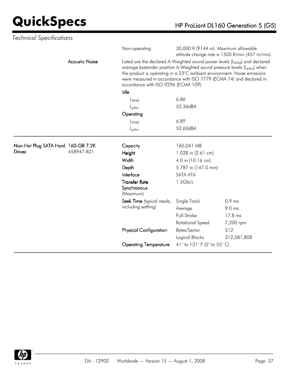 Quickspecs | HP ProLiant DL160 User Manual | Page 37 / 38