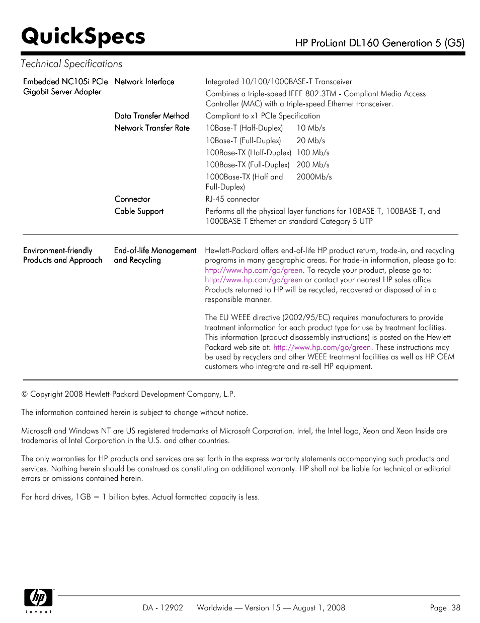 Quickspecs | HP ProLiant DL160 User Manual | Page 38 / 38