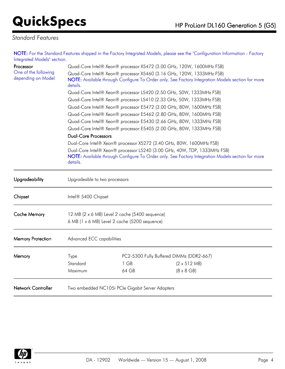 Standard features, Quickspecs | HP ProLiant DL160 User Manual | Page 4 / 38