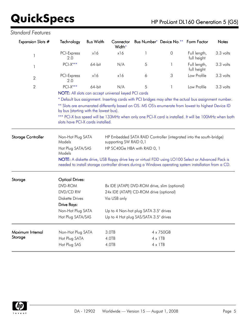 Quickspecs | HP ProLiant DL160 User Manual | Page 5 / 38