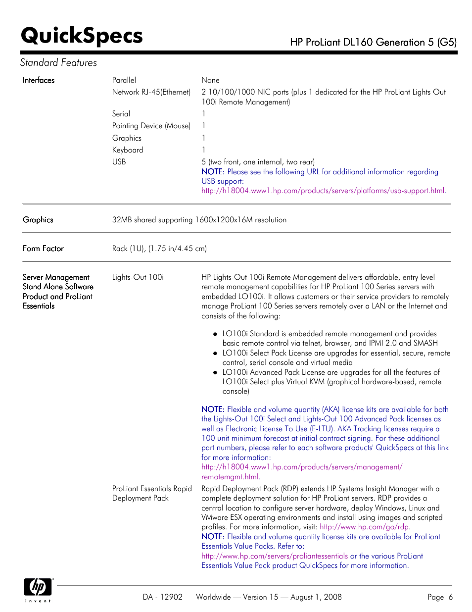 Quickspecs | HP ProLiant DL160 User Manual | Page 6 / 38