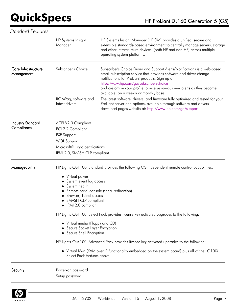 Quickspecs | HP ProLiant DL160 User Manual | Page 7 / 38