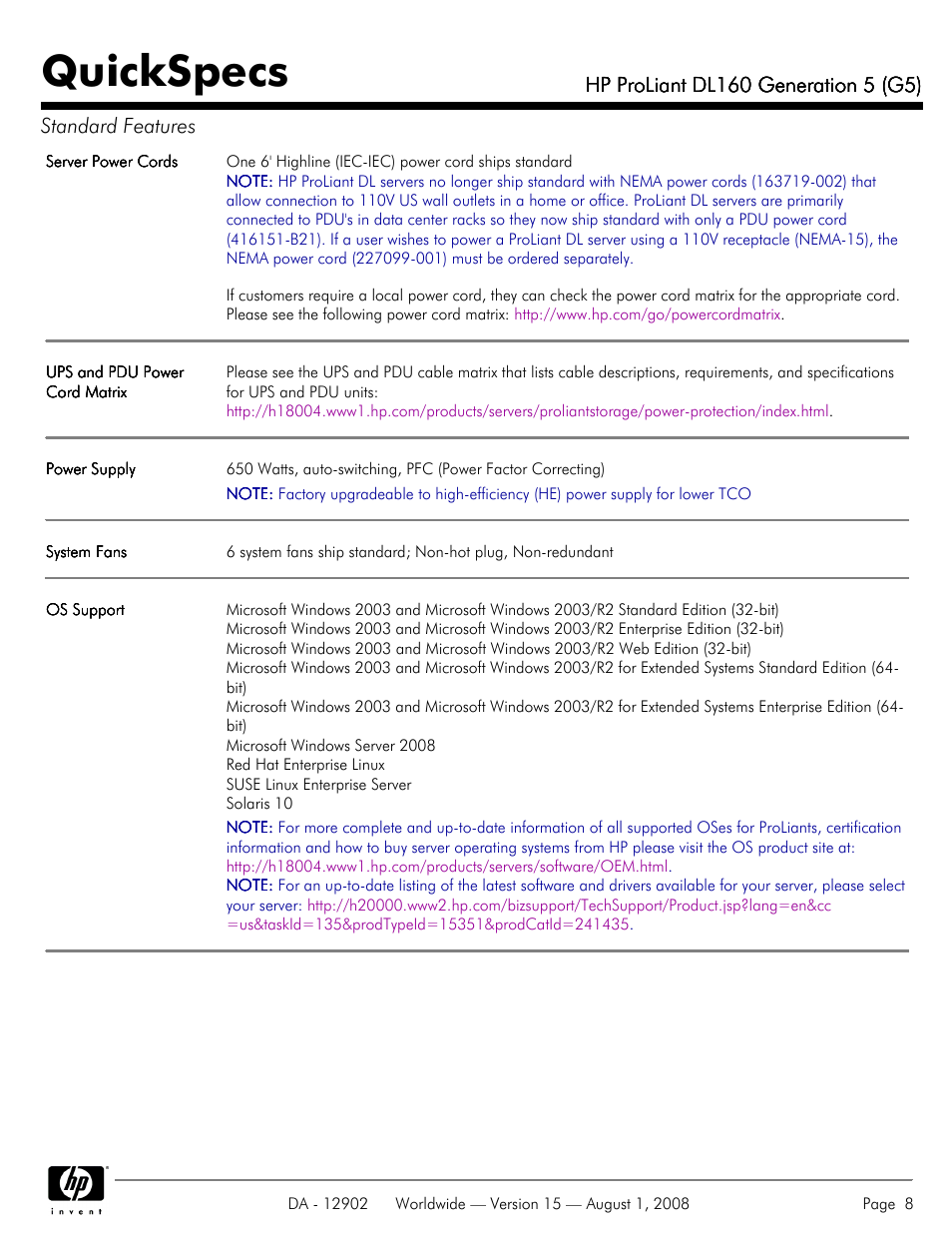 Quickspecs | HP ProLiant DL160 User Manual | Page 8 / 38