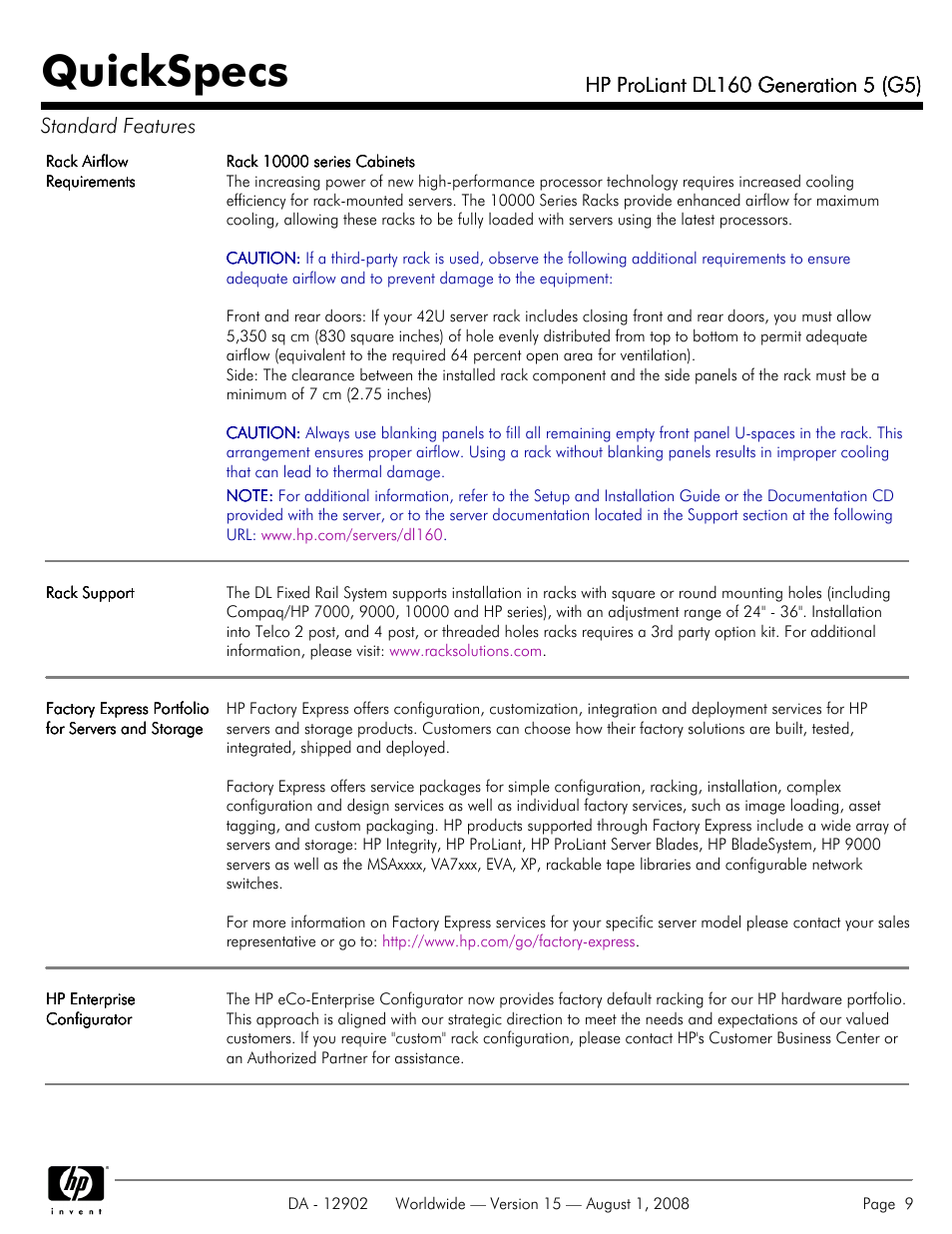 Quickspecs | HP ProLiant DL160 User Manual | Page 9 / 38