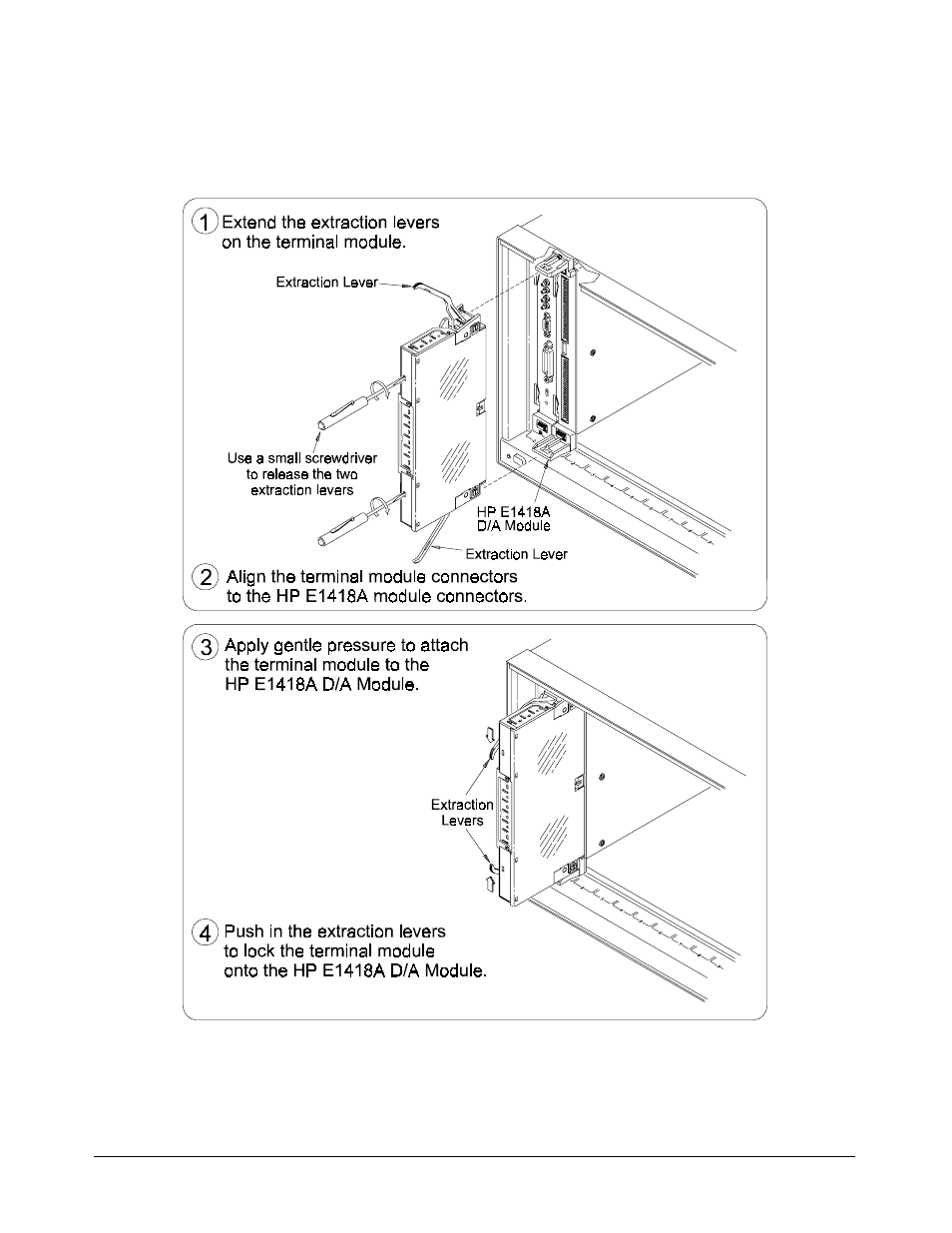 Attaching the terminal module | HP E1418A User Manual | Page 26 / 189