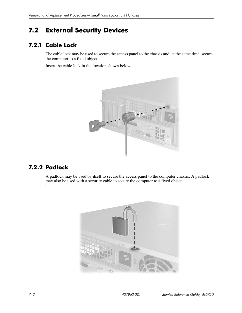 2 external security devices, 1 cable lock, 2 padlock | HP COMPAQ DC5750 User Manual | Page 108 / 214