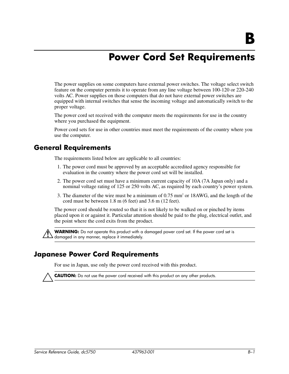 Power cord set requirements | HP COMPAQ DC5750 User Manual | Page 153 / 214