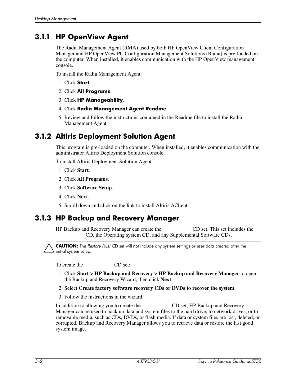 1 hp openview agent, 2 altiris deployment solution agent, 3 hp backup and recovery manager | HP COMPAQ DC5750 User Manual | Page 30 / 214
