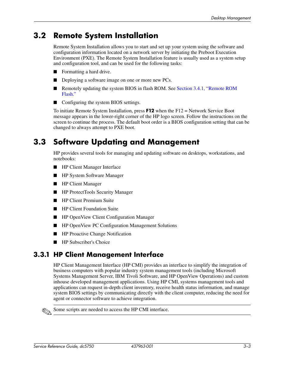 2 remote system installation, 3 software updating and management, 1 hp client management interface | HP COMPAQ DC5750 User Manual | Page 31 / 214