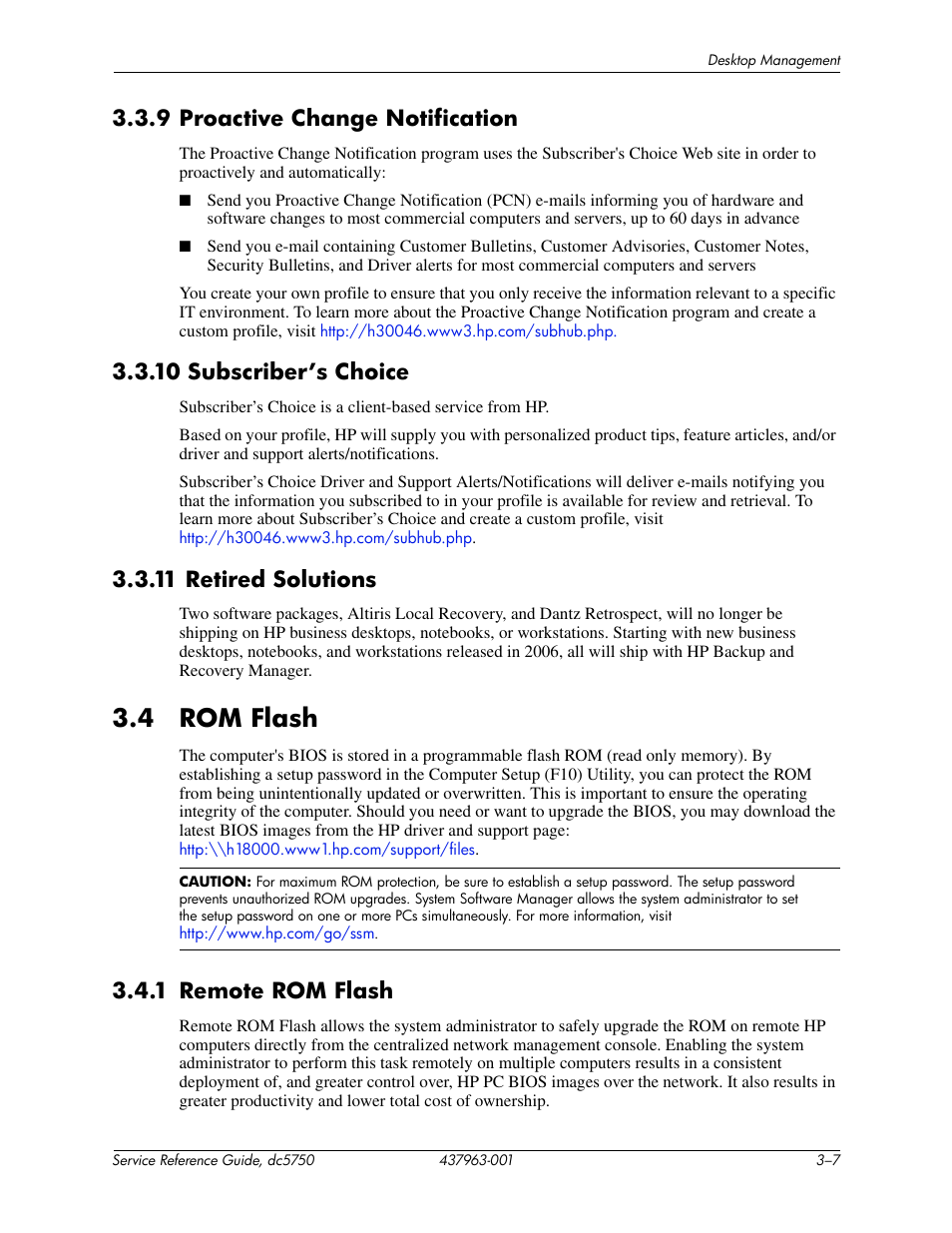 4 rom flash, 9 proactive change notification, 10 subscriber’s choice | 11 retired solutions, 1 remote rom flash | HP COMPAQ DC5750 User Manual | Page 35 / 214