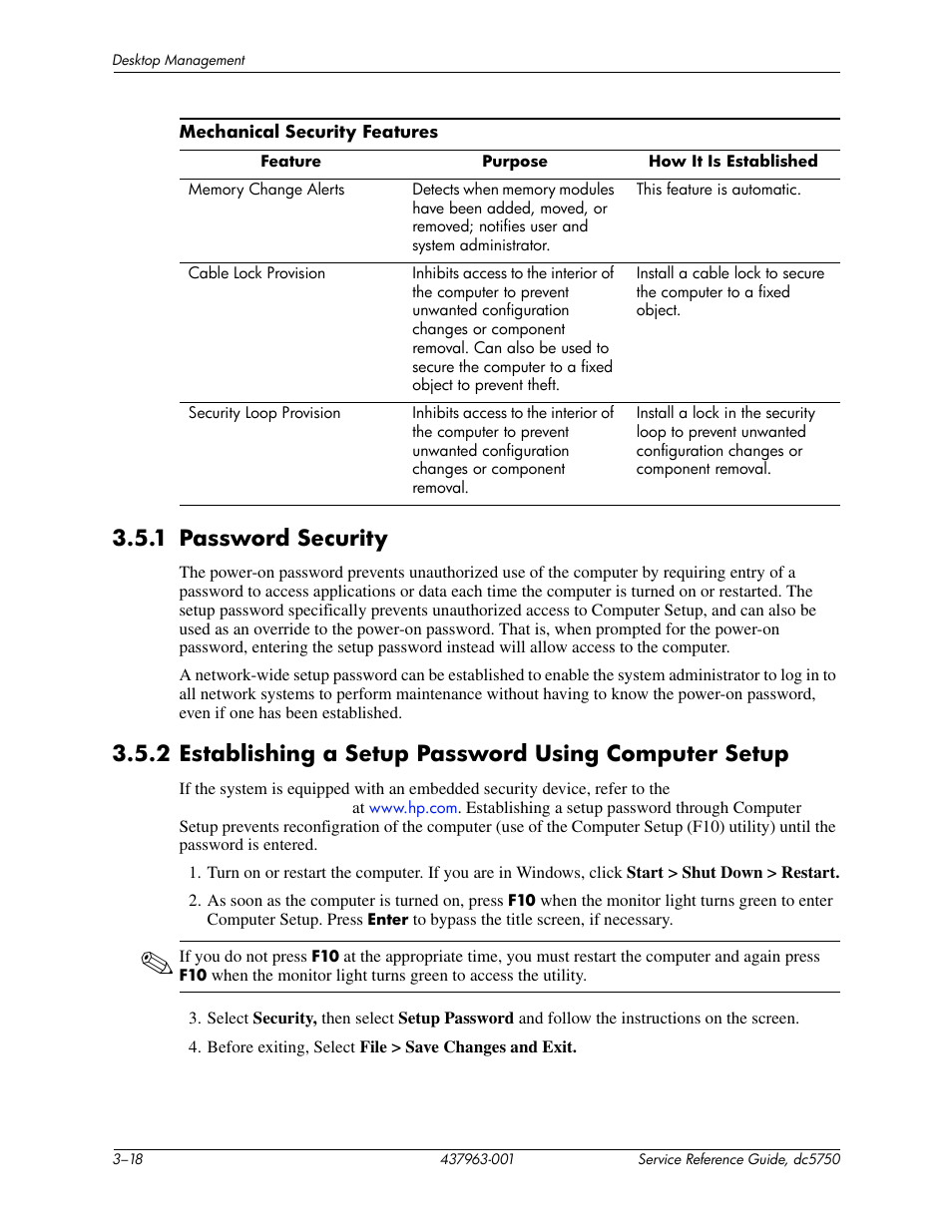 1 password security | HP COMPAQ DC5750 User Manual | Page 46 / 214