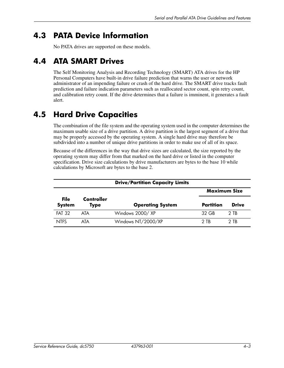 3 pata device information, 4 ata smart drives, 5 hard drive capacities | HP COMPAQ DC5750 User Manual | Page 57 / 214