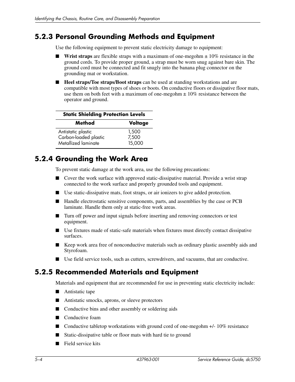 3 personal grounding methods and equipment, 4 grounding the work area, 5 recommended materials and equipment | HP COMPAQ DC5750 User Manual | Page 62 / 214