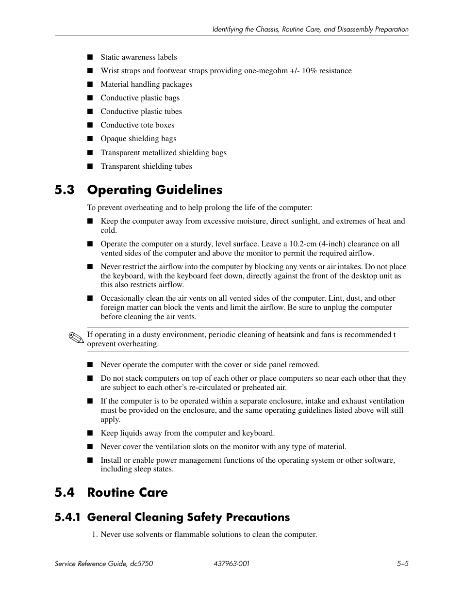 3 operating guidelines, 4 routine care, 1 general cleaning safety precautions | HP COMPAQ DC5750 User Manual | Page 63 / 214