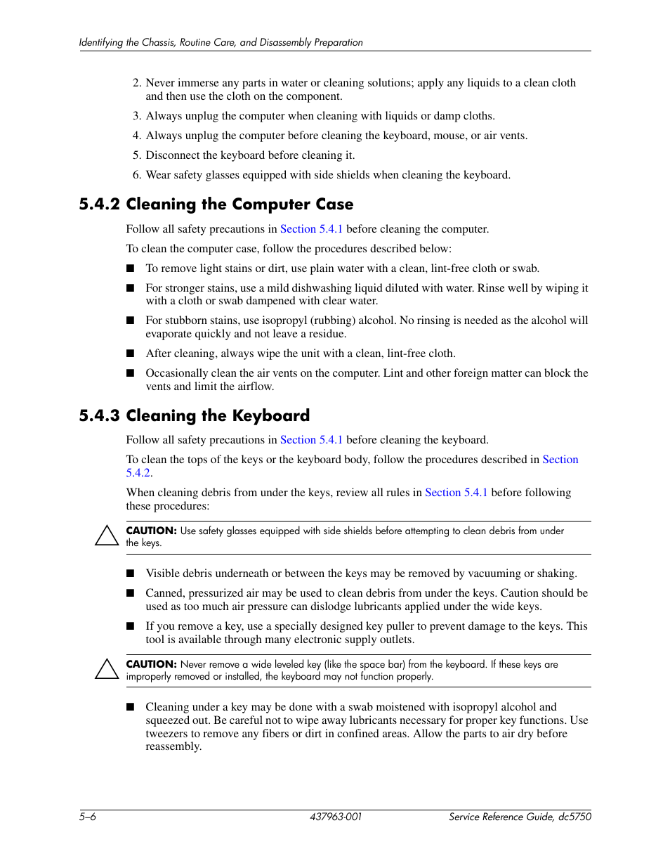 2 cleaning the computer case, 3 cleaning the keyboard | HP COMPAQ DC5750 User Manual | Page 64 / 214