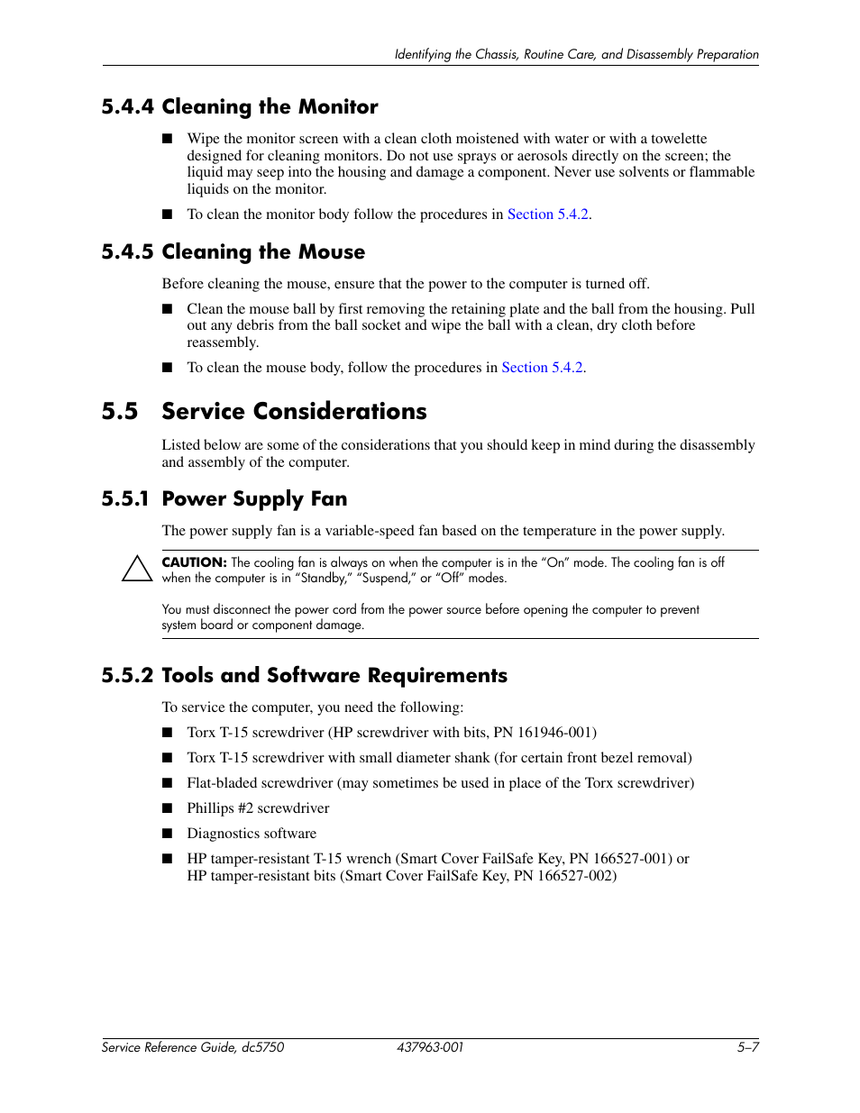 5 service considerations, 4 cleaning the monitor, 5 cleaning the mouse | 1 power supply fan, 2 tools and software requirements | HP COMPAQ DC5750 User Manual | Page 65 / 214