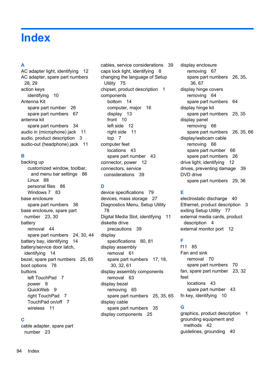 Index | HP 110 User Manual | Page 102 / 104