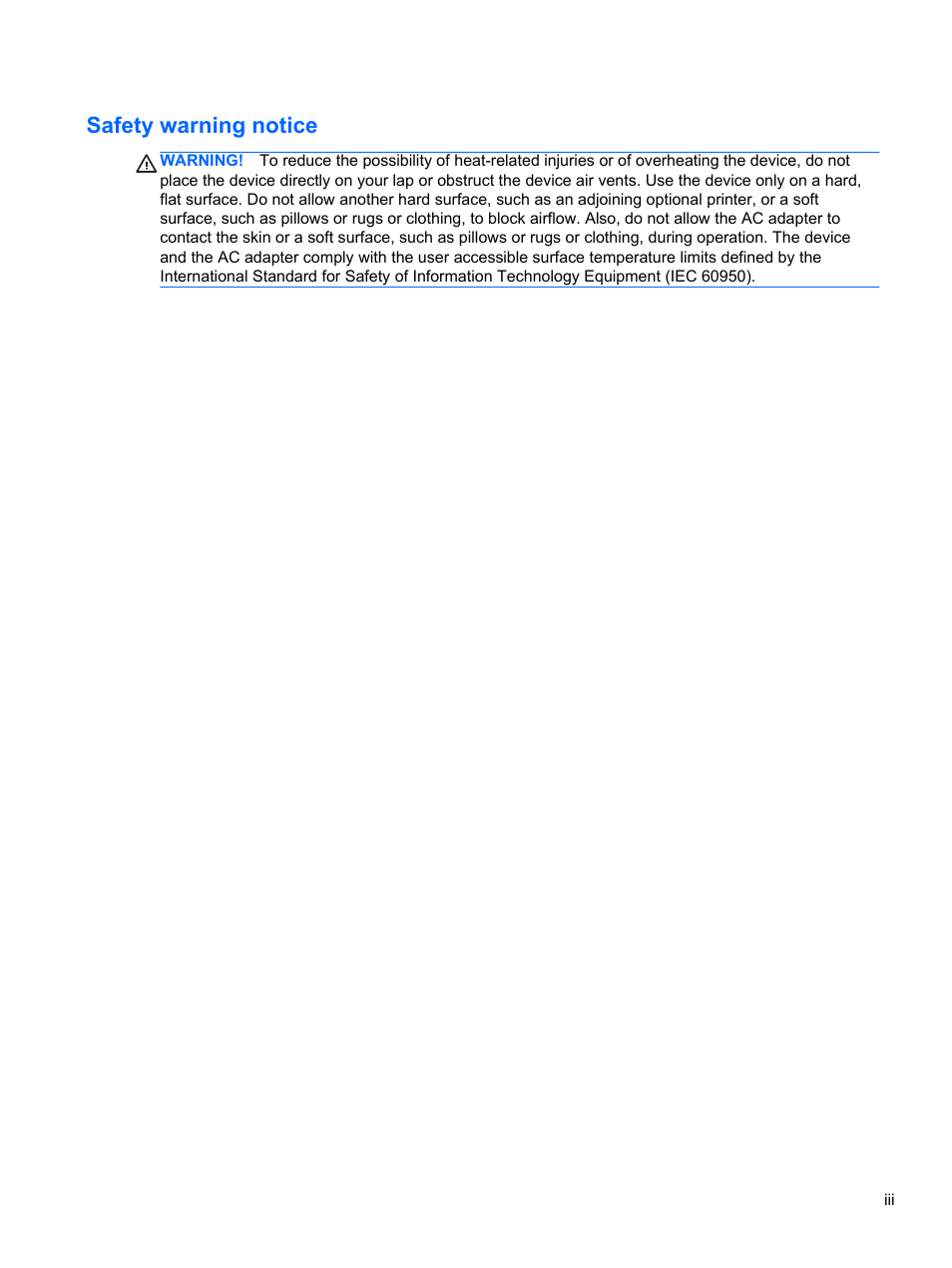 Safety warning notice | HP 110 User Manual | Page 3 / 104