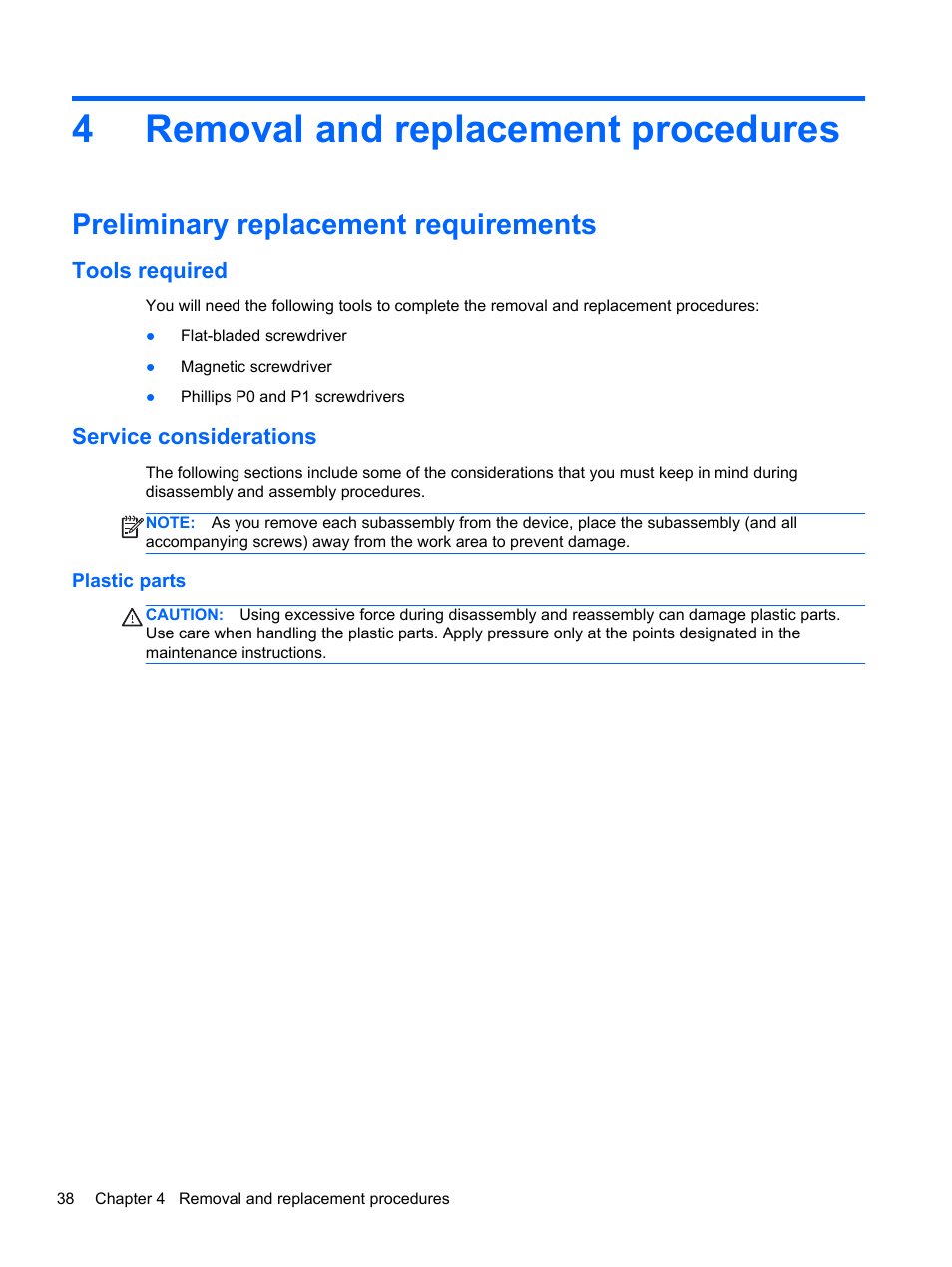 Removal and replacement procedures, Preliminary replacement requirements, Tools required | Service considerations, Plastic parts, 4 removal and replacement procedures, Tools required service considerations, 4removal and replacement procedures | HP 110 User Manual | Page 46 / 104