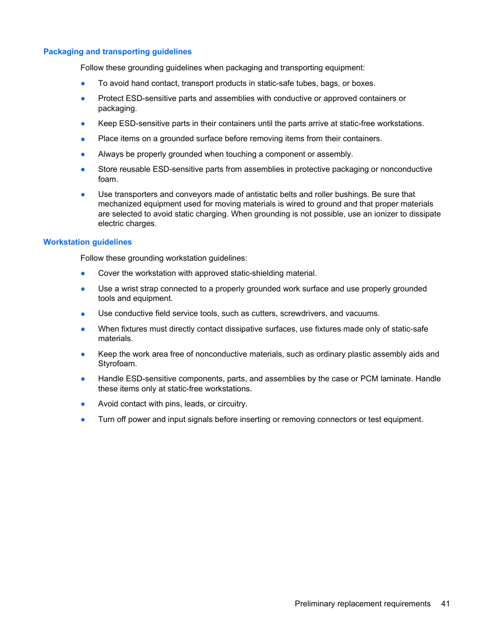 Packaging and transporting guidelines, Workstation guidelines | HP 110 User Manual | Page 49 / 104