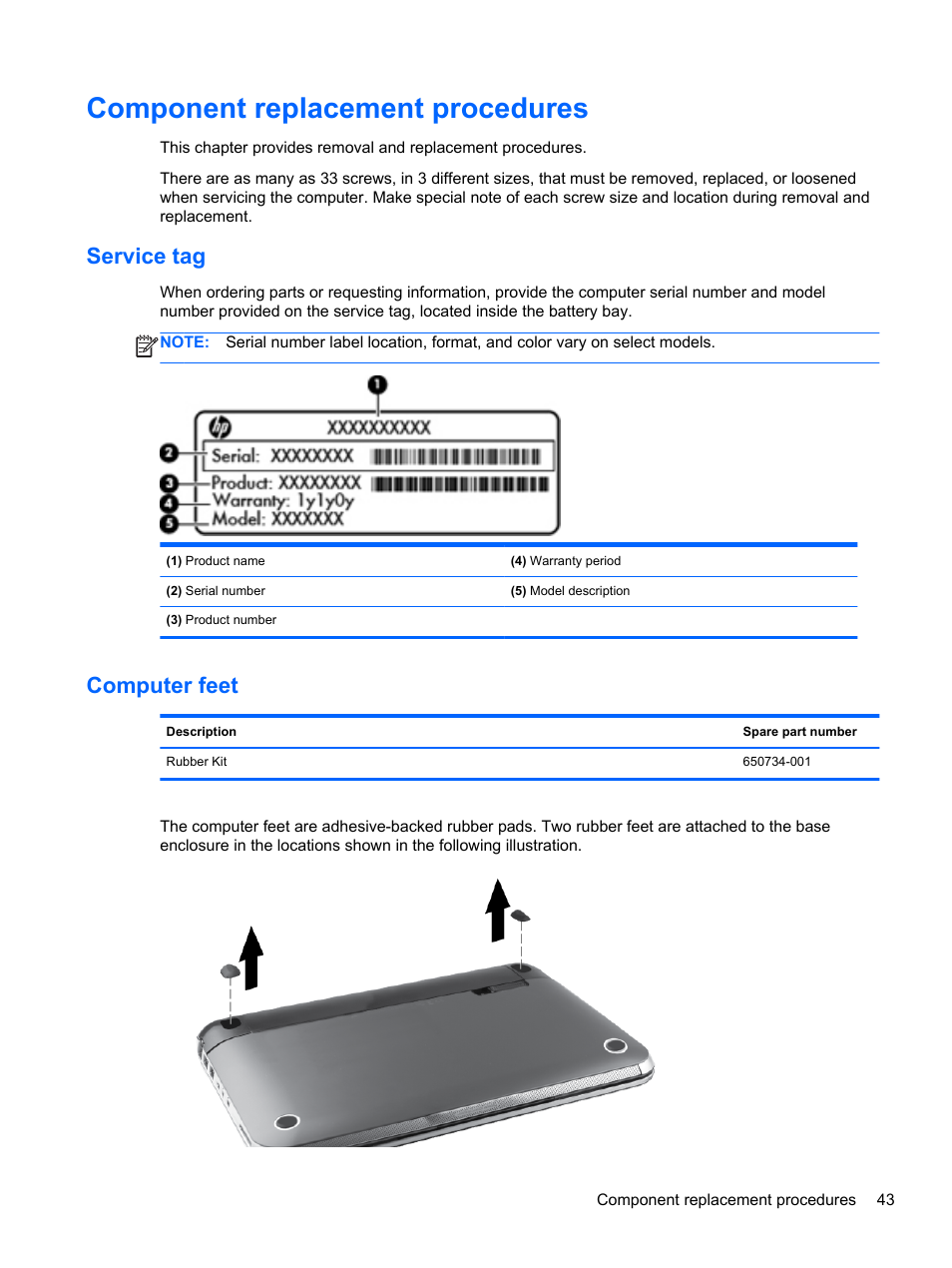 Component replacement procedures, Service tag, Computer feet | HP 110 User Manual | Page 51 / 104